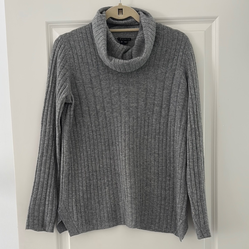 Theory Gray Cowl Neck Sweater with Ribbed Knit